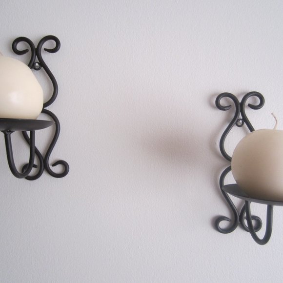PAIR OF BLACK WROUGHT IRON CANDLE HOLDERS' WALL DECOR- WITH CANDLES - Picture 1 of 11